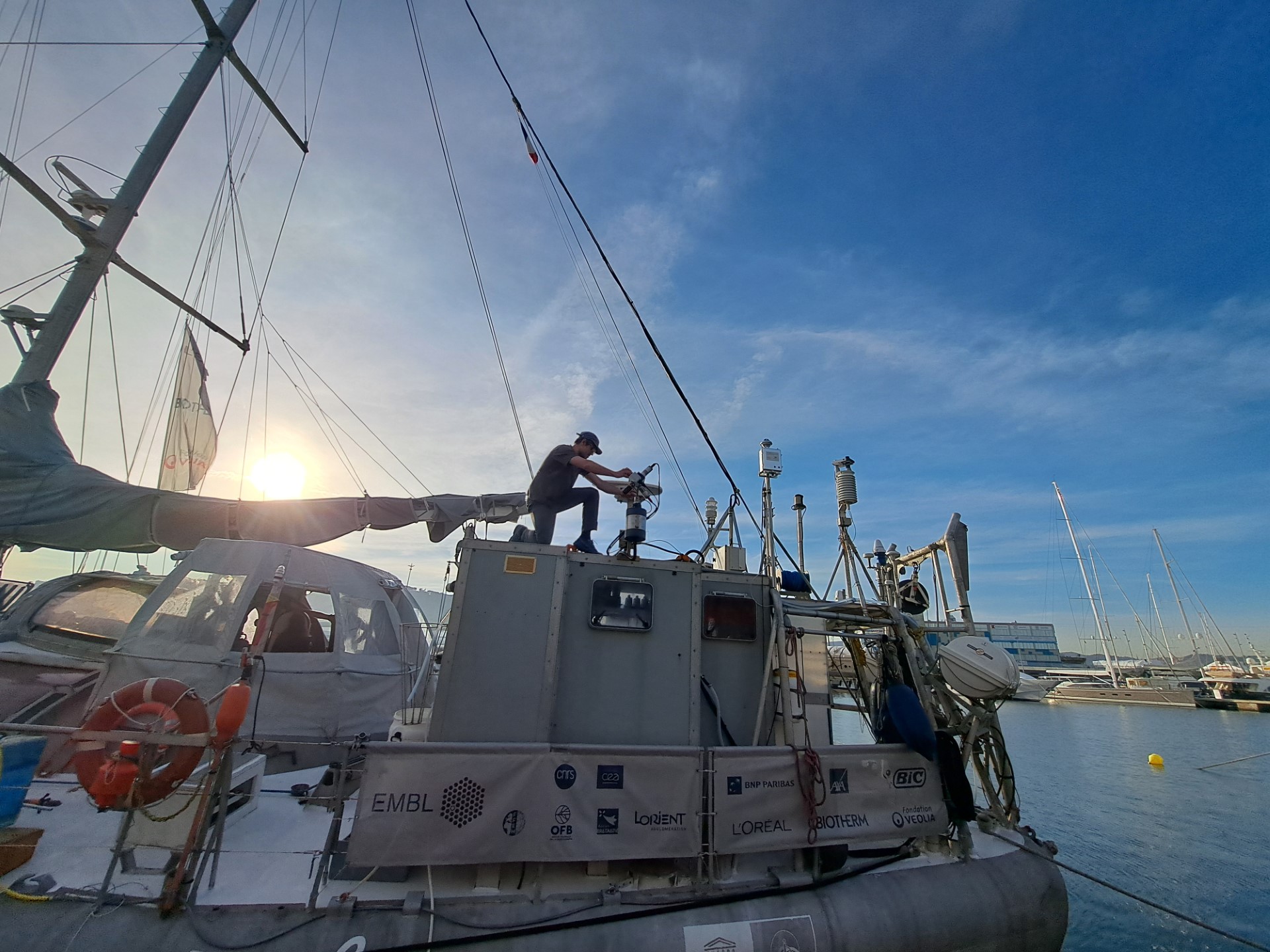 Tom Jordan installing a water radiometry system onboard the Tara Ocean as part of a 2-year survey of European coastal water quality