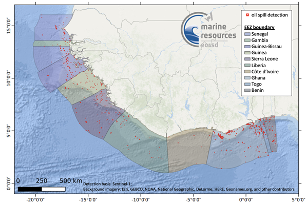 Map showing oil spill detections