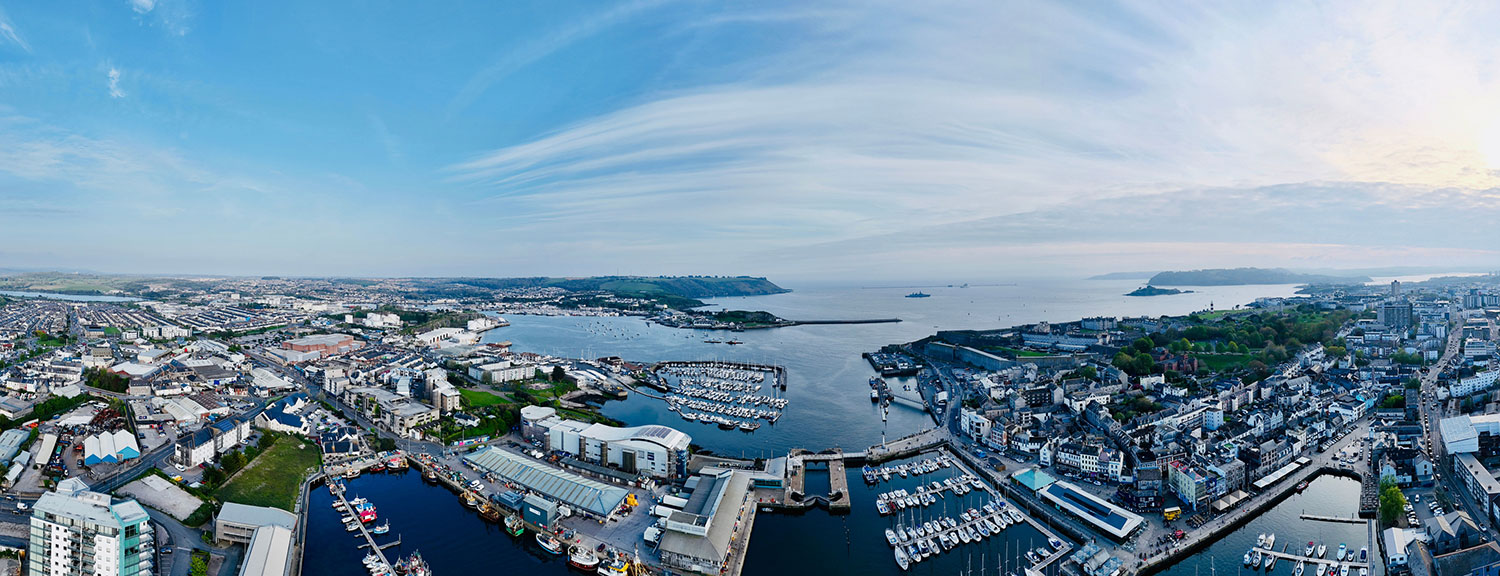 Aerial view of Plymouth waterfront and sound