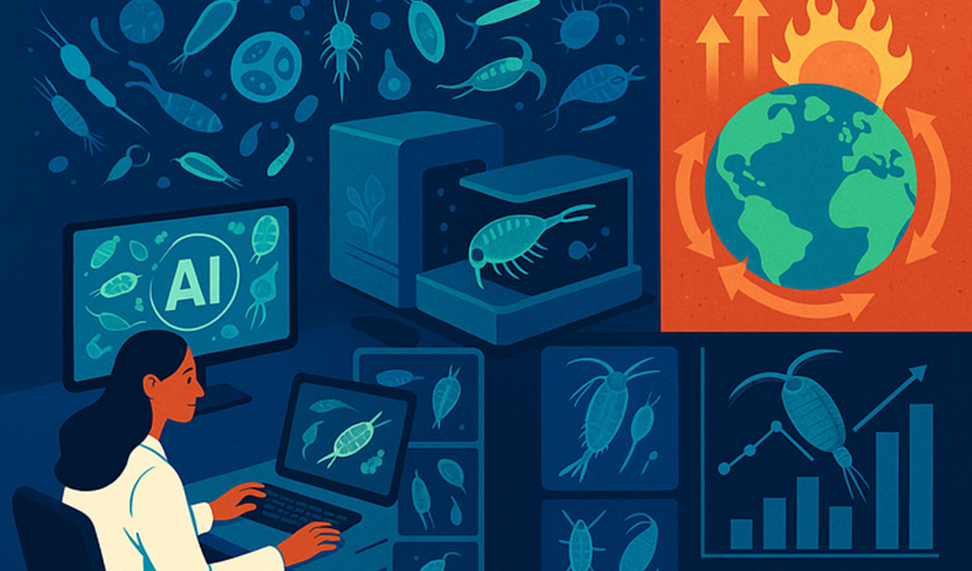 Illustrative graphic showing scientist at computer, plankton and the world heating