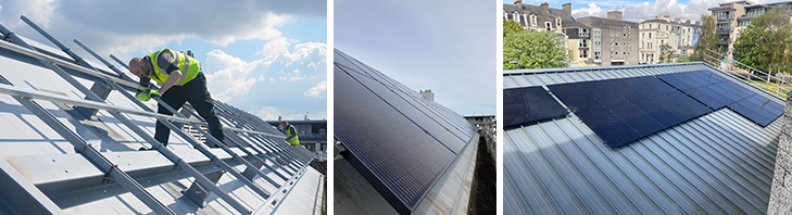 Montage of images showing the installation of the solar panels on the roof