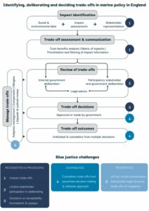 Schematic of how marine trade-offs are made visible, considered, decided and managed in England, and the related blue justice challenges.