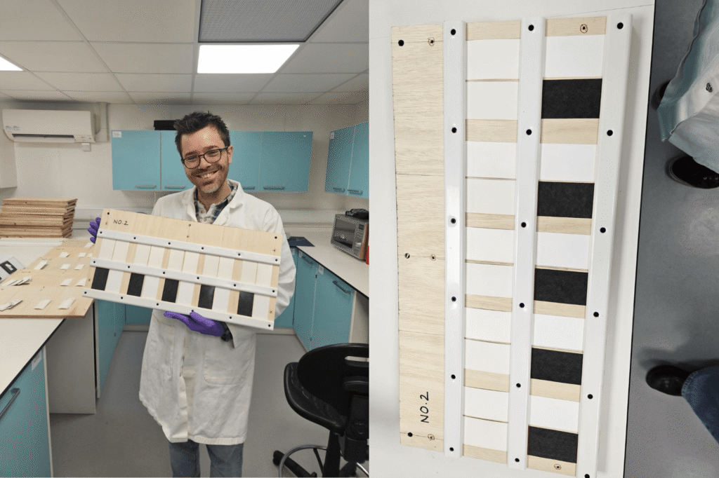 Dr Matthew Cole, Senior Marine Ecologist and Ecotoxicologist at PML, and project lead from PML on the NO-PLASTI-CUPS project, pictured with the experimental boards fixed with the different cup materials. Dr Cole is recognised as a world-leading researcher in the field of plastic and microplastic pollution, ranking in the top 1% of paper citations globally for four years running. 