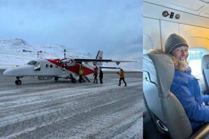 PML’s Prof Pennie Lindeque on the small plane to Ny-Ålesund, Svalbard. Prof Lindeque is a multi-award-winning scientist on the causes, effects, and solutions of microplastics and anthropogenic particles. Her work has directly influenced policy in the UK and around the world, including the UK ban on microbeads in cosmetics.