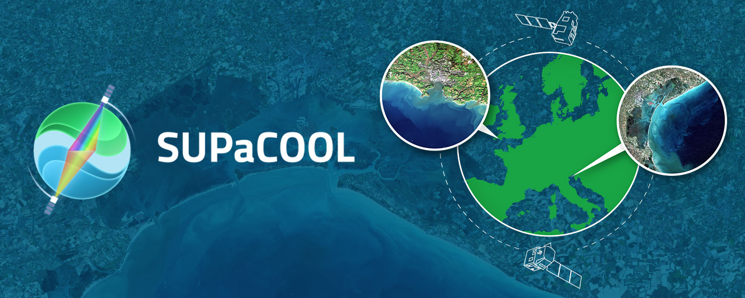 SUPaCOOL logo on satellite background and illustration showing map and satellites