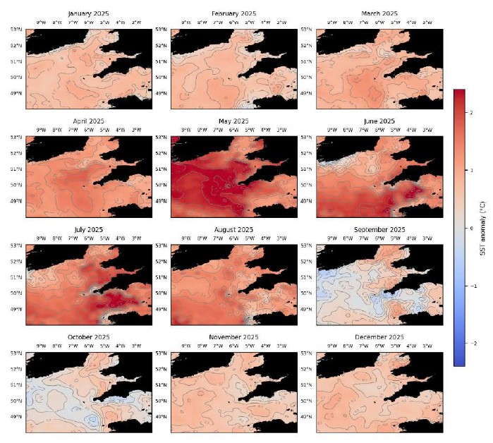 Sea-surface Temperature (SST) monthly anomalies during 2025 derived from ESA Climate Change Initiative (CCI) Sea Surface Temperature multi-sensor dataset. Climatological period 1991 – 2020. Data provided by the PML-managed NERC Earth Observation and Data Analysis and Artificial-Intelligence Service (NEODAAS) and analysis by Emma Sullivan.