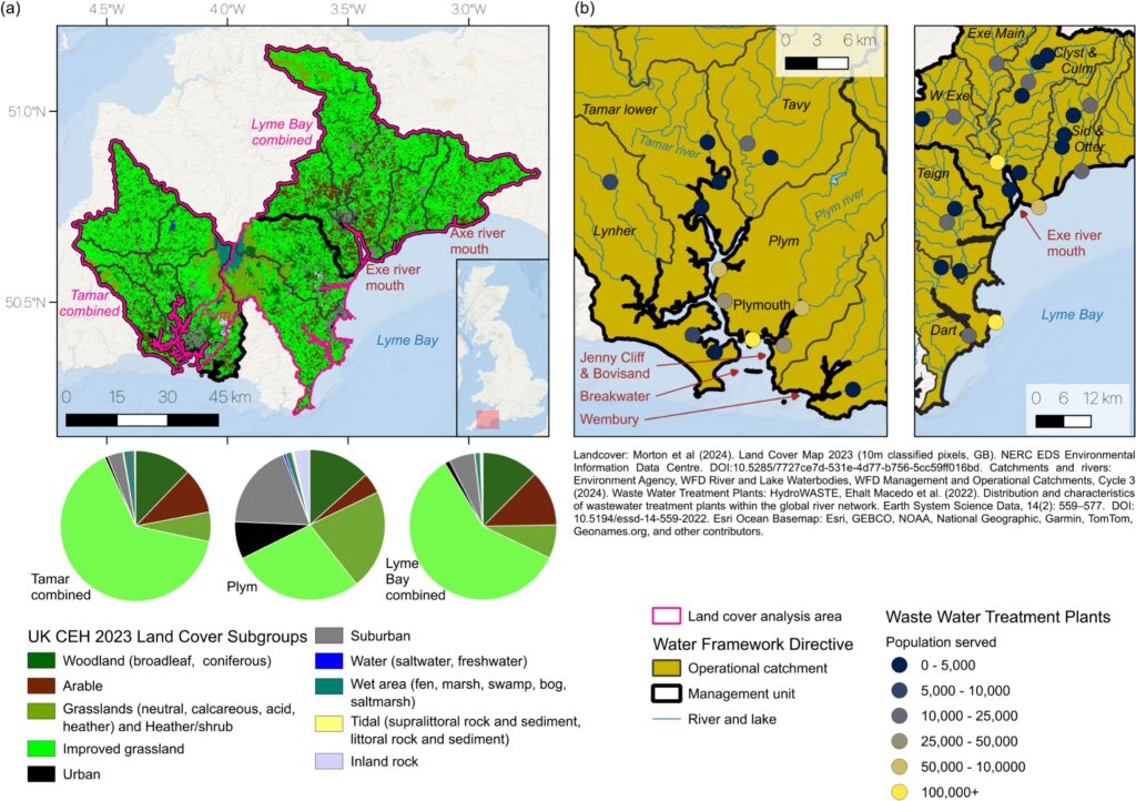 Study sites of the respective analysis units for the Tamar combined (consisting of multiple operational catchments), Plym and Lyme Bay combined (multiple operational catchments which span across two management catchment units). (a) Land cover and percent representation within each analysis unit, along with inset showing where study sites are located within the U.K. (b) Waste Water Treatment Plants (WWTs) near to the estuaries or coast within the analysis areas, operational catchment areas within the analysis unit are labelled together with the city of Plymouth.