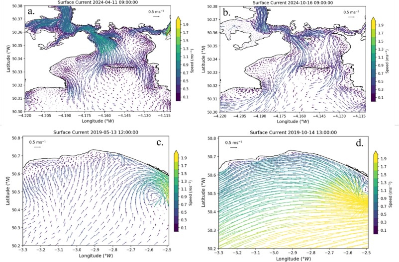Surface currents in Plymouth Sound on a.) 11 April 2024 and b.) 16 October 2024 and in Lyme Bay on c.) 13 May 2019 and d.) 14 October 2019.