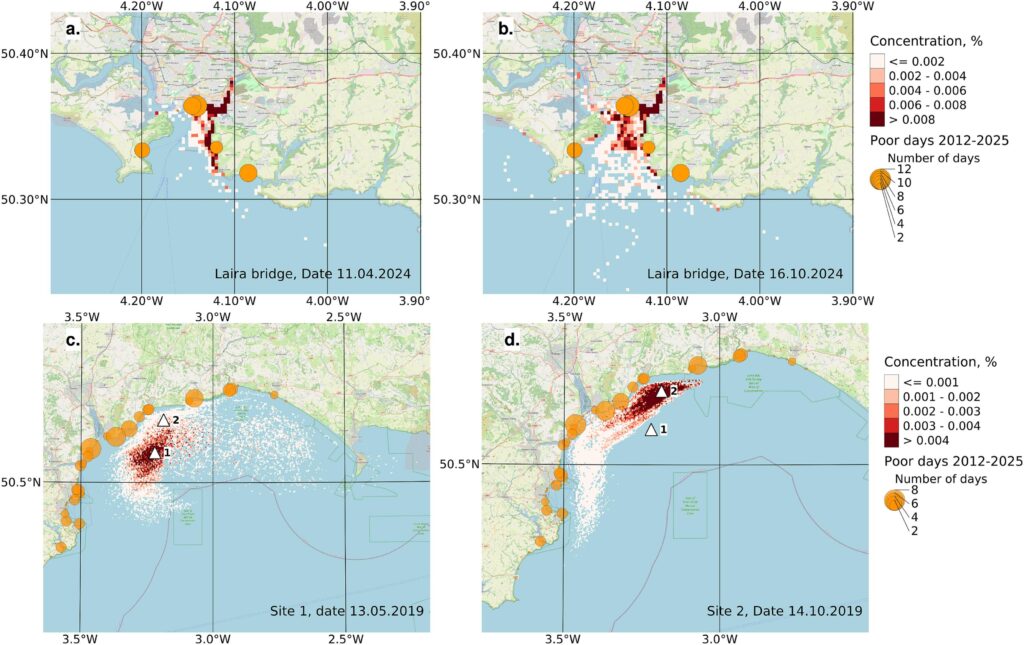 Concentration maps of E. coli based on forward Lagrangian particle trajectories in Plymouth Sound on a.) 11 April 2024 and b.) 16 October 2024 and backward Lagrangian particle trajectories in Lyme Bay on c.) 13 May 2019 and d.) 14 October 2019. White triangles (c, d) mark mussel farm locations in Lyme Bay.