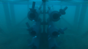 Simulated trawling rig before and during deployment