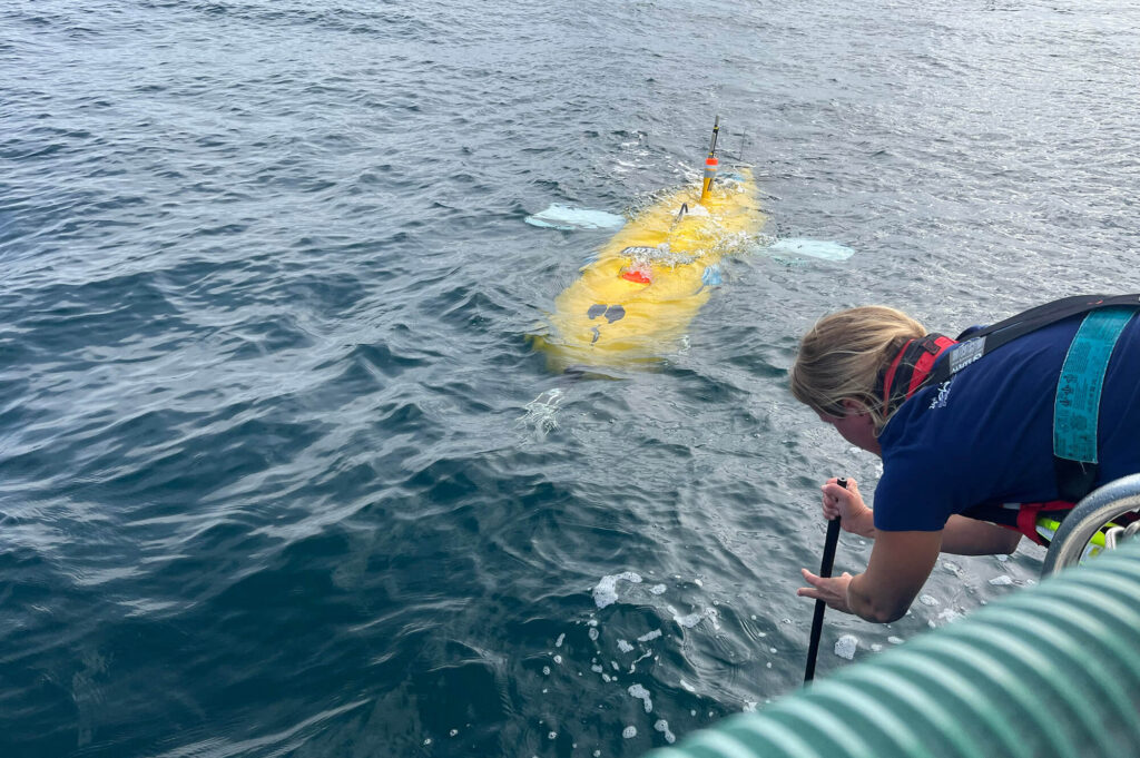 Dr Lilian Lieber and the ALR1500 during the two-week trial off the coast of Plymouth. Dr Peter Miller | Plymouth Marine Laboratory