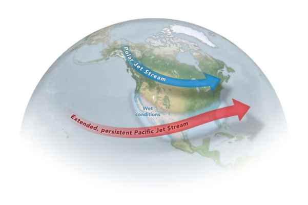 El Niño usually alters the Pacific jet stream, stretching it eastward, making it more persistent and bringing wetter conditions to the western U.S., Mexico and eventually the UK. NASA Earth Observatory illustration by Joshua Stevens, modified by Michala Garrison