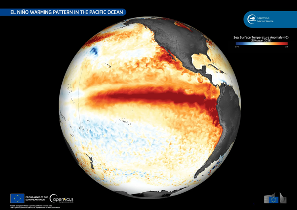 El Niño warming pattern in the Pacific Ocean (Copernicus 2026-08-26) Contains modified Copernicus Sentinel data 2026.